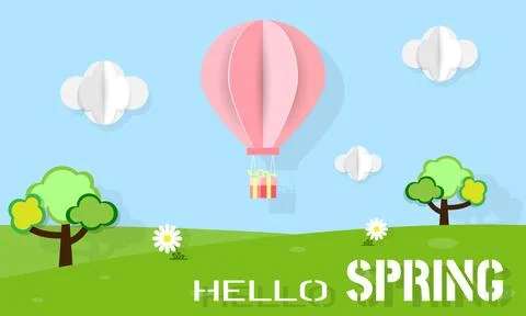 Hello sping background with paper cut style 스톡 일러스트