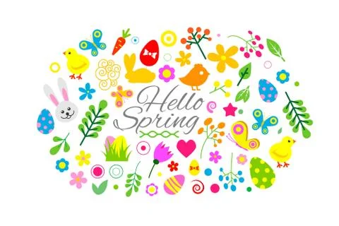 Hello spring and easter collection of cute animals, flowers, elements on white 스톡 일러스트