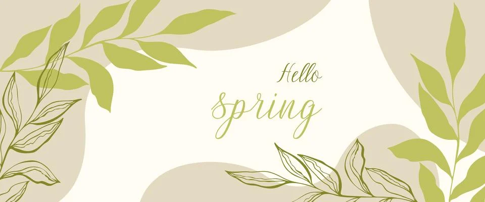 Hello Spring background banner with botanical leaves , spring or summer time Stock Illustration