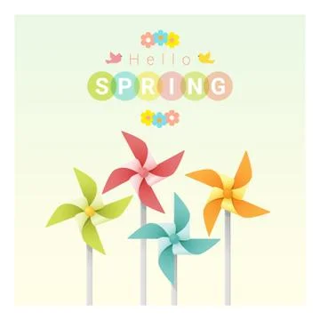 Hello spring background with colorful pinwheels Stock Illustration