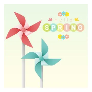 Hello spring background with colorful pinwheels Stock Illustration
