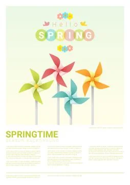 Hello spring background with colorful pinwheels Illustrazione stock