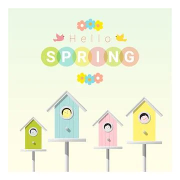 Hello spring background with little birds in birdhouses Stock Illustration