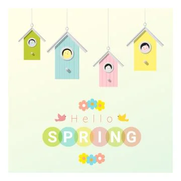 Hello spring background with little birds in birdhouses Stock Illustration