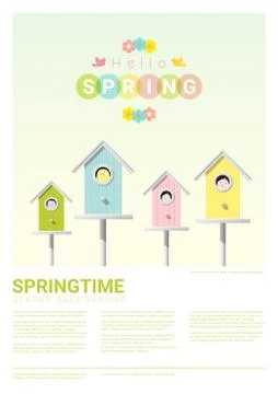 Hello spring background with little birds in birdhouses Stock Illustration