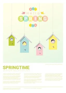 Hello spring background with little birds in birdhouses Stock Illustration