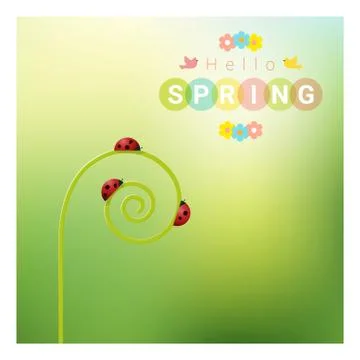 Hello spring background with red ladybugs Stock Illustration