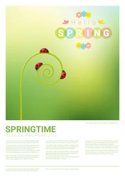 Hello spring background with red ladybugs Stock Illustration