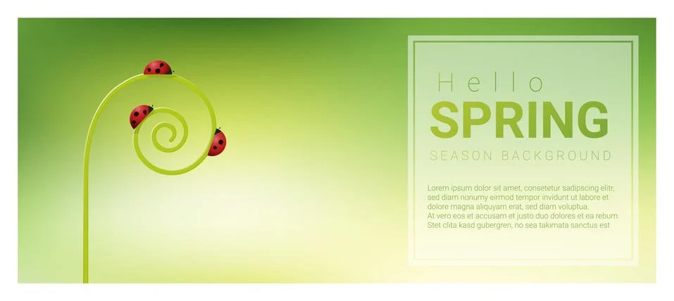 Hello spring background with red ladybugs Stock Illustration