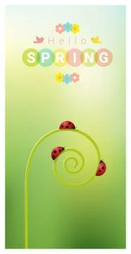 Hello spring background with red ladybugs Illustrazione stock