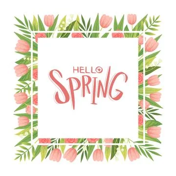 Hello Spring Banner Design with Blooming Garden Flower Vector Template Stock Illustration