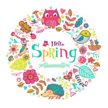Hello Spring banner in doodle style Stock Illustration
