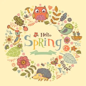 Hello Spring banner in doodle style Stock Illustration