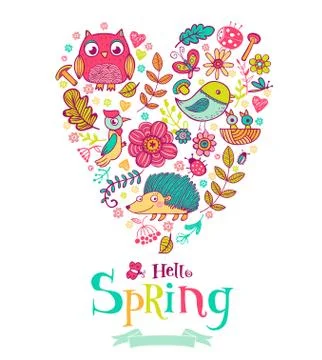 Hello Spring banner in doodle style Stock Illustration