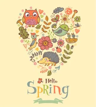 Hello Spring banner in doodle style Stock Illustration
