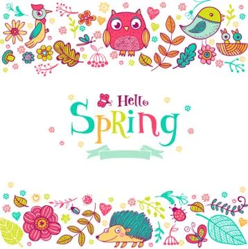 Hello Spring banner in doodle style Stock Illustration