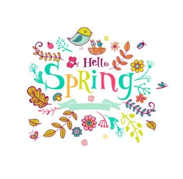 Hello Spring banner in doodle style Stock Illustration