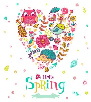 Hello Spring banner in doodle style Stock Illustration