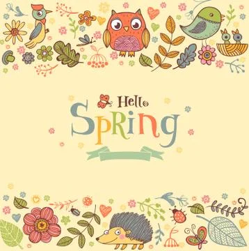Hello Spring banner in doodle style Stock Illustration