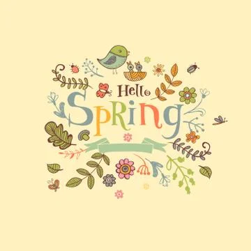 Hello Spring banner in doodle style Stock Illustration