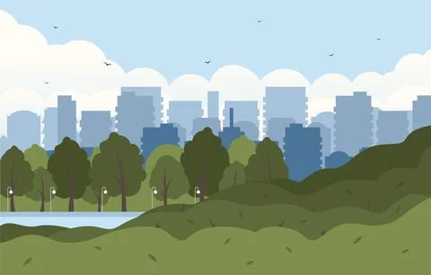 Hello spring banner. Happy spring day. Springtime panorama flat cartoon style Ilustración de archivo