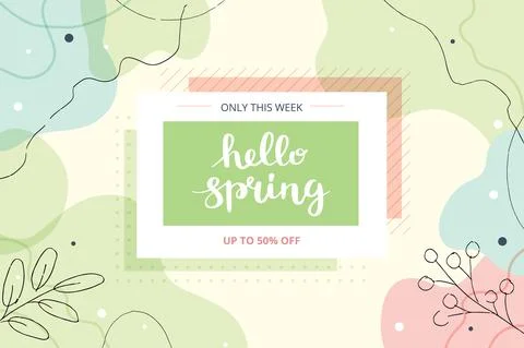 Hello Spring banner with lettering and abstract shapes. Cute hand drawn vector イラスト素材