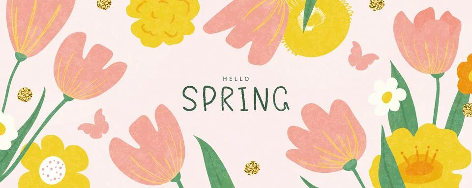 Hello spring, banner with spring flowers, butterflies and golden elements. .. Stock Illustration