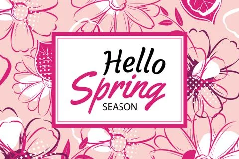 Hello spring banner template with colorful flower.Can be use voucher, wallp.. Stock Illustration