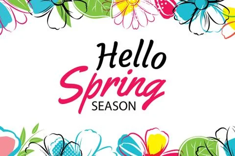 Hello spring banner template with colorful flower.Can be use voucher, wallp.. Stock Illustration