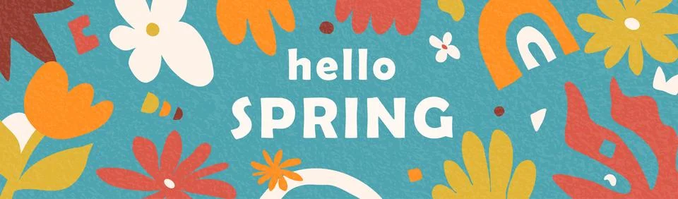 Hello Spring banner vector illustration. Hand drawn horizontal pattern back.. Illustrazione stock