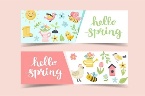 Hello Spring banners with lettering and cute birds, bees, butterflies. Cute hand Illustrazione stock