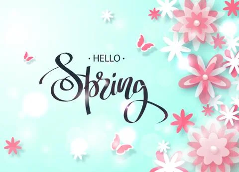 Hello Spring. Beautiful Background with paper flowers and butterflies. Vector Stock Illustration