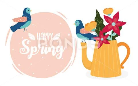 Hello spring birds and teapot with flowers ornament Stock Illustration