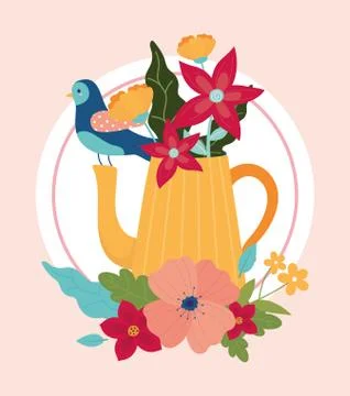 Hello spring blue bird teapot with flowers foliage decoration Stock Illustration