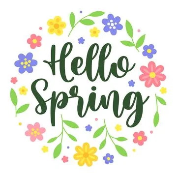 Hello Spring bold hand lettering in circular floral wreath with colorful fl.. Stockillustratie