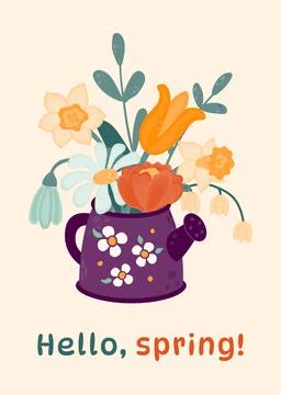 Hello, spring. Bouquet of wild and garden flowers in a watering can. Stock Illustration