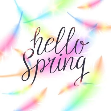 Hello Spring, bright bird feathers on a white background. Stock Illustration