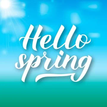 Hello spring calligraphy lettering on green blue gradient background. Inspira 스톡 일러스트