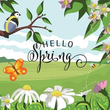 Hello Spring card. Bird sitting on tree branch, while butterfly and bees fl.. 스톡 일러스트
