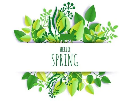 Hello Spring card hand lettering typography, vector paper cut illustration Stock Illustration