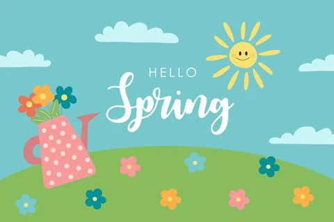 Hello spring card with watering can and flowers - nature vector illustration Stock Illustration
