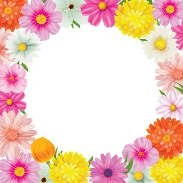 Hello spring circle frame greeting card and flowers decoration. Stock Illustration