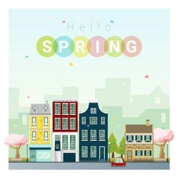 Hello spring cityscape background Stock Illustration