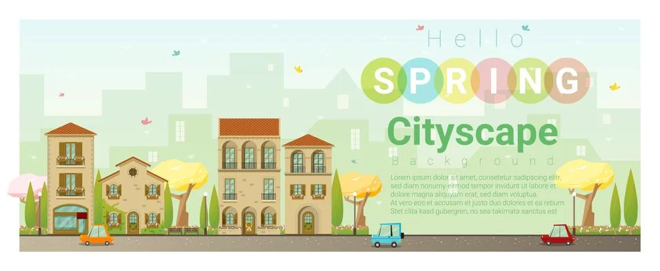 Hello spring cityscape background Stock Illustration