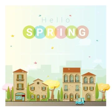 Hello spring cityscape background Stock Illustration