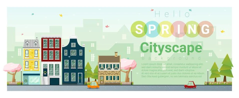 Hello spring cityscape background Stock Illustration