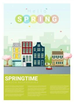 Hello spring cityscape background Stock Illustration