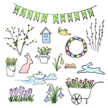 Hello Spring colored sketch set. First flowers, gardening and Lettering Stock Illustration