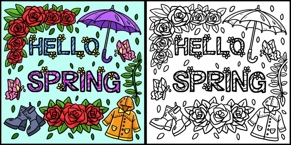 Hello Spring Coloring Page Colored Illustration Stock Illustration