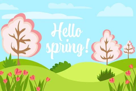 Hello spring concept. Vector illustration of a spring landscape with flowers and Illustrazione stock